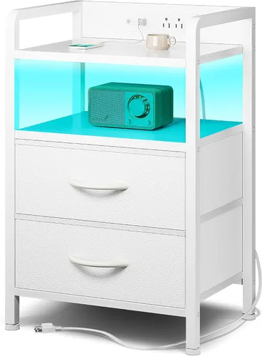 Vista 10 de Lazzanto Mesita de noche para dormitorio, mesita de noche con estación de carga y tira de luz LED, mesita de noche con estante de almacenamiento y 2