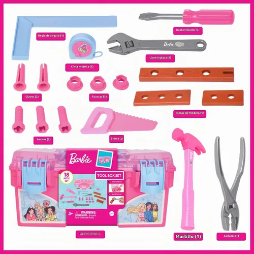 Vista 2 de Juego de caja de herramientas Barbie – Juego de herramientas de lujo de 18 piezas, herramientas de construcción de juego de simulación con cinta