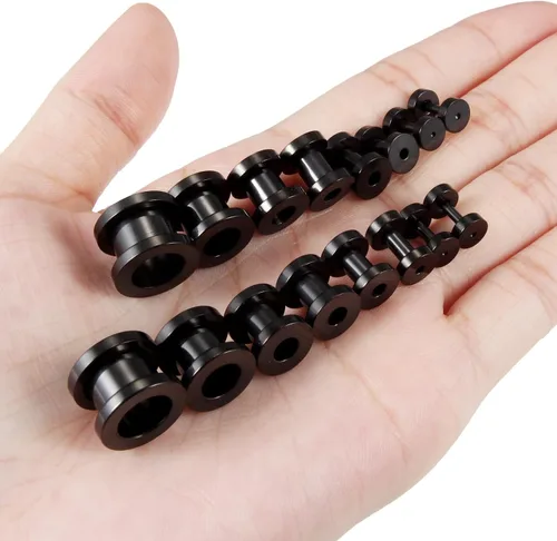 Vista 2 de Cisyozi 14G 12G 8G 6G 4G 2G 0G 00G Kit de estiramiento de calibre de oreja Acero quirúrgico Tamaño Mezcla Tornillo Túnel Calibres Tapones Pendientes
