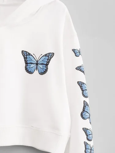 Vista 4 de Romwe Sudadera corta con capucha y hombros caídos para niña con estampado de mariposas