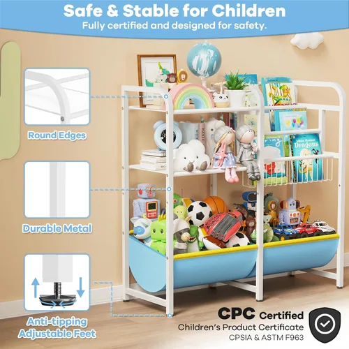 Vista 5 de Estantería 3 en 1 para niños y organizador de almacenamiento de juguetes, organizador de libros Montessori para bebés, estante de exhibición de Azul
