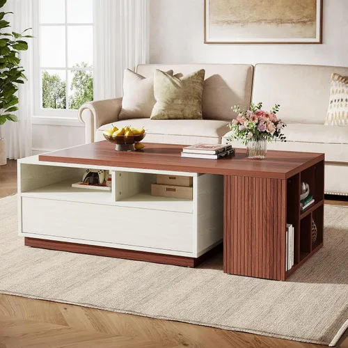 Vista 9 de Tribesigns Mesa auxiliar extensible con 2 cajones de almacenamiento, mesa reversible para sala de estar con estantes y parte superior ajustable