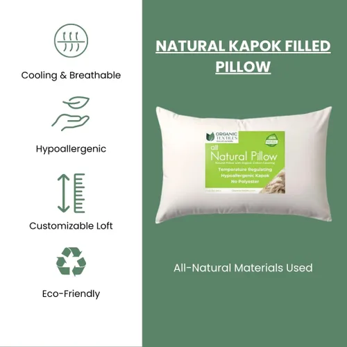 Vista 4 de ORGANIC TEXTILES Almohada Kapok 100% natural para dormir con funda de algodón orgánico, (tamaño queen), certificado GOTS, loft ajustable