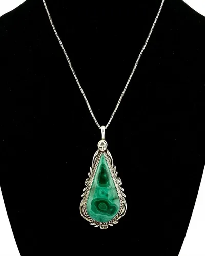 Vista 7 de C.80-90's Navajo Billy Eagle .925 Collar de malaquita natural minada de plata maciza, turquesa