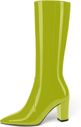 Vista 100 de AMBELIGHT Botas altas hasta la rodilla con cremallera y puntera puntiaguda para mujer, de patente sólida, tacón alto, 3.3 pulgadas