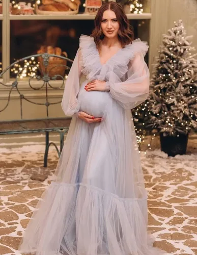 Vista 2 de Vestido de maternidad con volantes de tul para sesión de fotos, manga larga, cuello en V, baby shower, lencería de embarazo