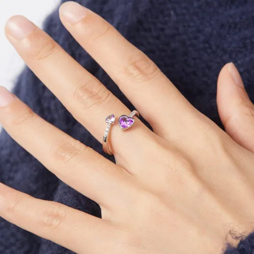 Vista 2 de LANE WOODS Anillos de piedra natal para mujer, plata de ley 925, doble corazón, abierto, anillo de banda ajustable