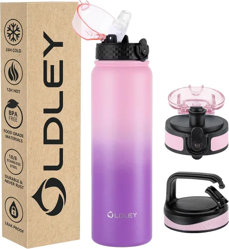 Vista 37 de Botella de agua aislada Oldley de 12 oz con pajita, botella de agua de acero inoxidable con 2 tapas, botellas de doble pared con vacío para adultos