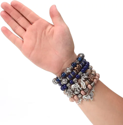 Vista 6 de Twinfree Pulseras bohemias para mujer, pulsera elástica de cuentas de colores multicapa con dije de joyería