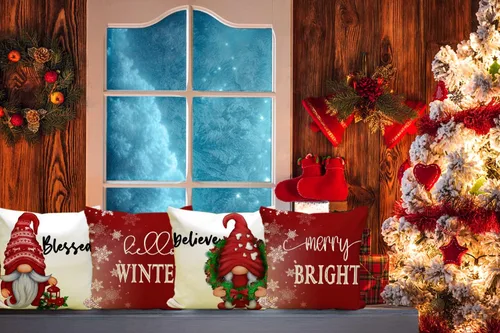 Vista 5 de Artmag Juego de 4 fundas de almohada de Navidad de 16 x 16 pulgadas, decoración de casa de campo Hello Winter Gnomes Merry Bright fundas de almohada