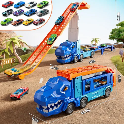 Vista 6 de Juego de pistas de camiones para niños de 3, 4, 5, 6 años, camión de dinosaurio, pista de carreras con 12 juguetes de autos de carreras fundidos a