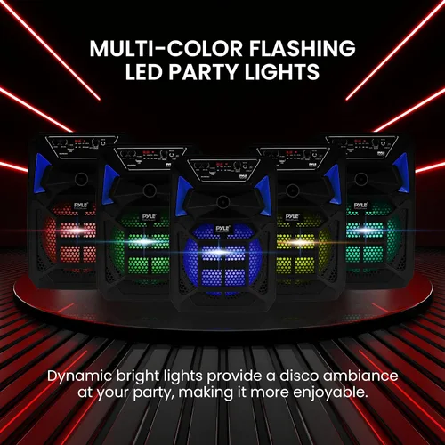 Vista 4 de Pyle Altavoz PA Bluetooth y sistema de micrófono, altavoz de karaoke portátil con micrófono con cable, luces LED de fiesta integradas, radio FM