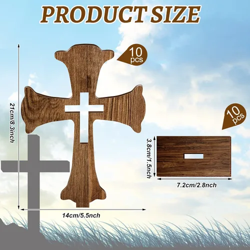 Vista 2 de Amyhill 10 centros de mesa de madera para bautismo, para mesas, decoración de primera comunión, cruz de madera rústica para manualidades con bases