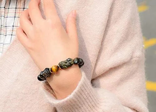 Vista 3 de LOTONTJ Feng Shui - Pulsera doble PixiuPi Yao para riqueza, prosperidad, obsidiana dorada, ojo de tigre, corazón, sutra, cristal, sanación, amuleto