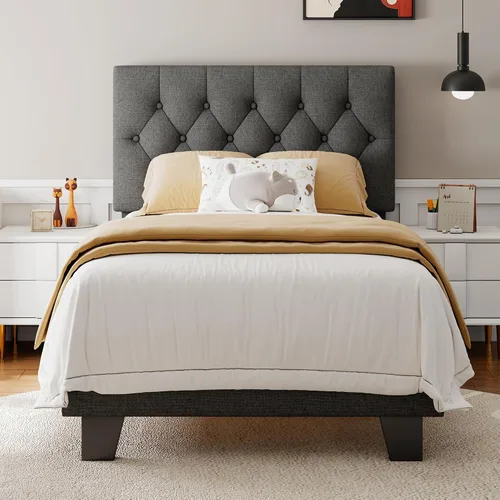 Vista 11 de Feonase Marco de cama de plataforma twin con cabecera capitoné con botones, cama tapizada de lino con soporte de listones de madera, no necesita