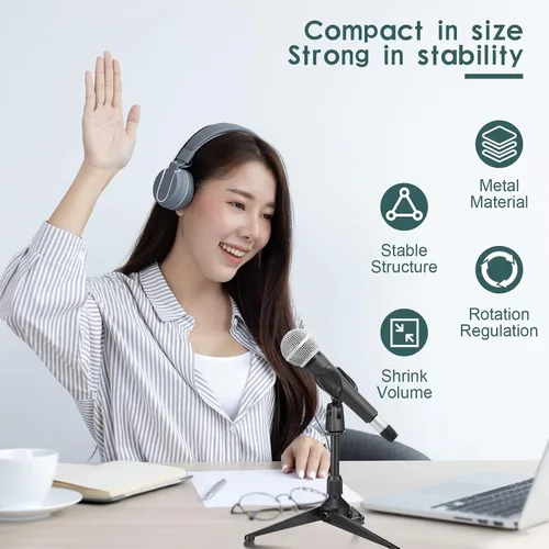 Vista 6 de Paquete de 3 soportes de micrófono de escritorio portátil plegable con soporte de clip para micrófono, altura ajustable, soporte de micrófono