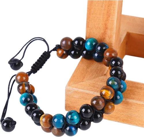 Vista 5 de Triple Protection Bracelet,Bracelets for Men Women, Natural Tiger Eye Jewelry Stone Hematite and Blue Stone Hematite 8mm Crystal Bracelet