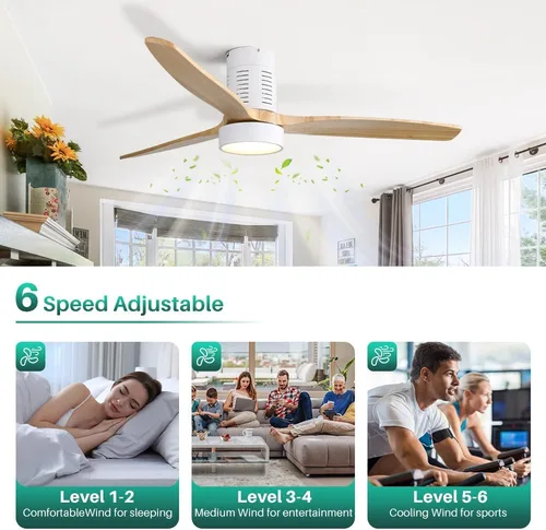 Vista 4 de Sofucor Ventiladores de techo de 52 pulgadas con luces y control remoto, moderno ventilador de techo de madera de perfil bajo, regulable LED, motor