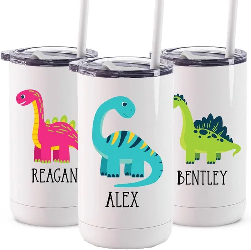 Vista 6 de AVITO Vaso de dinosaurio personalizado, acero inoxidable, aislado al vacío, tapa cerrada de 12 onzas con popote adjunto, botella de agua