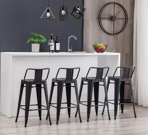 Vista 4 de [Juego de 4] Taburete metálico apilable industrial moderno para interior/exterior 17 pulgadas, Metal Negro