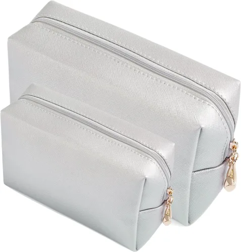 Vista 8 de Juego de 2 bolsas de cosméticos de piel sintética para mujer, bolsa de maquillaje minimalista para uso diario, bolsa de almacenamiento portátil
