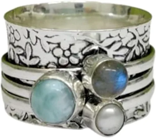 Vista 4 de Multi-Gemstone Spinner Ring for Women, 925 Sterling Silver Boho Meditation Band with Amethyst, Moonstone, Opal, Garnet, Gift for Her
