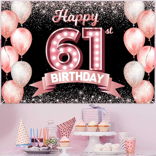Vista 156 de Cartel de feliz cumpleaños décimo oro rosa, telón de fondo, saludos a 10 años, globos de confeti, decoración temática para niñas de 10 años