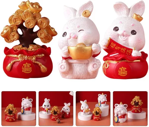 Vista 8 de 3 figuras de conejo del zodiaco chino en miniatura, estatuas de conejo, año de conejo, Fengshui, árbol de dinero, adorno para Año Nuevo, hogar