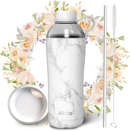Vista 20 de Bow - Botella de agua aislada para mujeres, botellas de agua de acero inoxidable de 18 oz, de doble pared, 2 tapas (para beber y vaso) - Hidrata