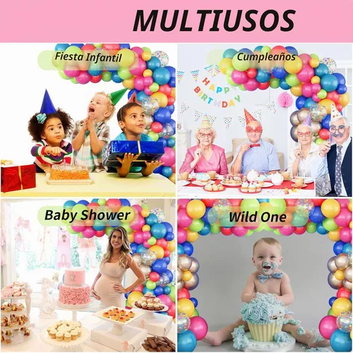 Vista 6 de Kit de arco de guirnalda de globos coloridos, globos surtidos de arcoíris, globos de látex de confeti multicolor, rosa intenso, pavo real, azul