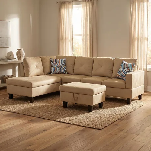 Vista 6 de Sofá modular de cuero en forma de L de 3 piezas – Sofá modular convertible con diván móvil y otomana de almacenamiento, uso multiescenario para sala