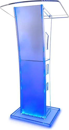 Vista 8 de Púlpito acrílico personalizable con logotipo y texto con ruedas, iluminación LED y plataforma de lectura vertical, atril de iglesia transparente