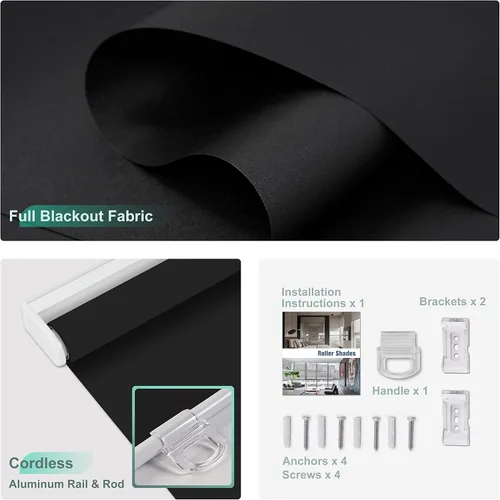 Vista 5 de Boolegon Blackout Roller Shades for Windows, Black, 23" W X 36" H.