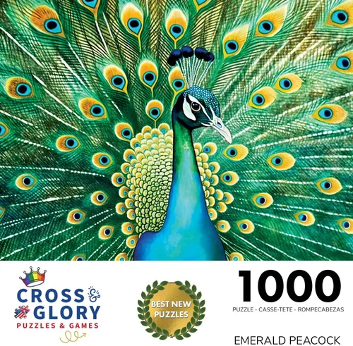 Vista 2 de Cross & Glory - Pavo real esmeralda - Rompecabezas de 1000 piezas para adultos Obras de arte coloridas de animales 20 x 27 pulgadas Acabado