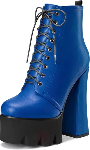Vista 6 de HDEUOLM Botas de tobillo con tacón alto de bloque grueso para mujer, puntera redonda, botines cortos con cordones y cremallera, zapatos clásicos