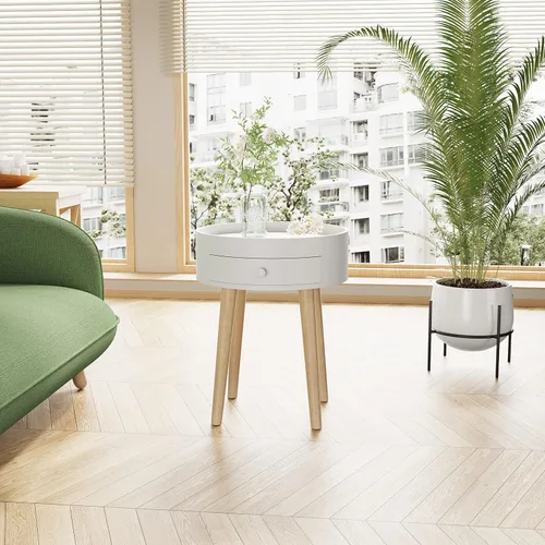 Vista 3 de Mesa auxiliar redonda blanca para sala de estar, mesita de noche moderna, mesa de centro pequeña con cajón para dormitorio, espacio pequeño, patas