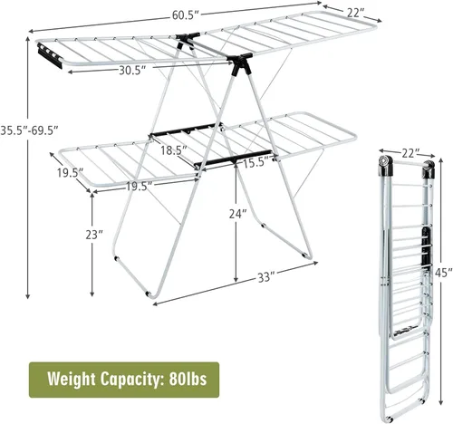 Vista 7 de Nightcore Estante de secado de ropa de 2 capas, estante de secado de aluminio con altura ajustable, no necesita montaje, estante compacto plegable