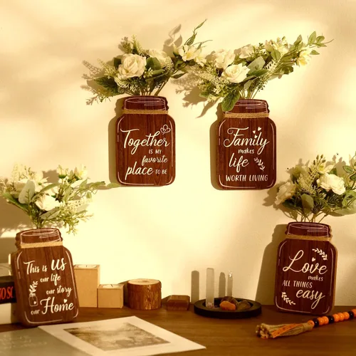 Vista 3 de Bnesi 4 letreros de pared para el hogar, familia, amor, hogar, decoración de pared para sala de estar, dormitorio, tarro de masón, placa de madera
