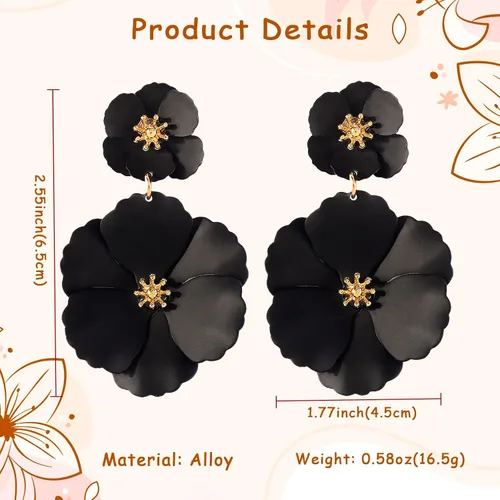 Vista 2 de Mintolex Aretes de flores de playa de verano para mujeres y niñas, aretes colgantes de doble flor bohemios, aretes colgantes de pétalos florales
