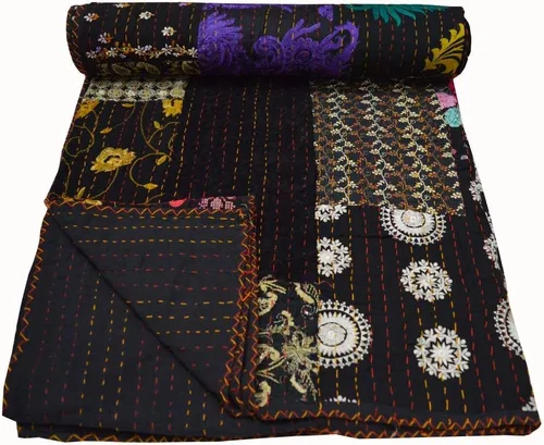 Vista 3 de Colcha Kantha de algodón Queen Khambadiya hecha a mano Kantha, colcha para cama, color negro, 90 x 108 pulgadas