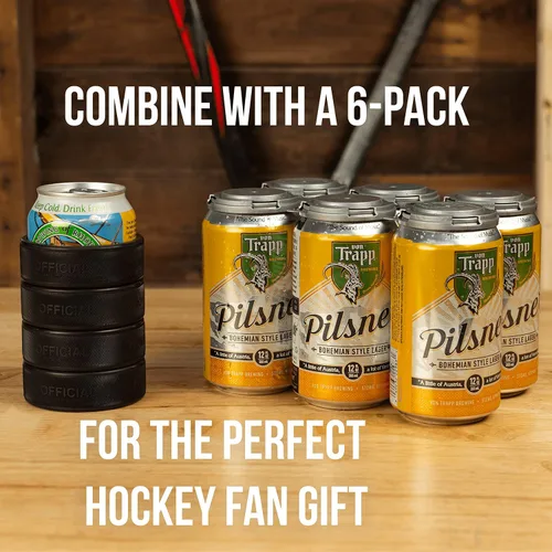 Vista 5 de Enfriador de latas de cerveza hecho de 4 discos de hockey sobre hielo reales, soporte aislado de 12 onzas para regalos de papá de hockey