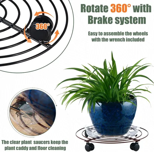 Vista 4 de 6 paquetes de 12 pulgadas de metal grande para plantas con ruedas, soportes rodantes para plantas de hierro forjado, base de rodillos para plantas