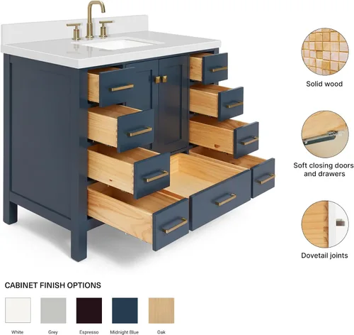 Vista 6 de ARIEL Cambridge - Mueble de baño con lavabo de 42 pulgadas, madera maciza, encimera de cuarzo blanco puro de 1.5 pulgadas, fregadero rectangular