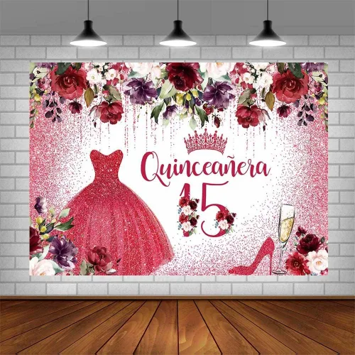 Vista 4 de Telón de fondo de feliz cumpleaños número 15 para niña, quinceañera, flores rojas burdeos, fondo de fotografía, corona roja, decoración de fiesta