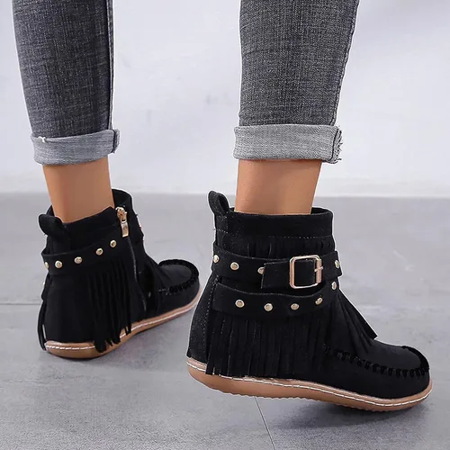Vista 6 de AUNTHUI Sursell - Botines de gamuza para mujer, con flecos, punta redonda, planos, cálidos, de moda, occidentales, para exteriores, con cremallera