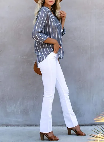 Vista 4 de Astylish - Blusa para mujer con cuello en V rayas mangas enrollables y botones
