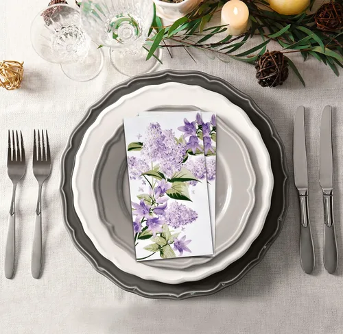 Vista 6 de 100 servilletas para invitados, diseño floral morado, 3 capas, desechables, papel lila, toallas de mano elegantes, decoración de flores