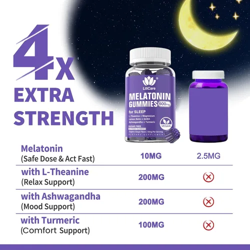 Vista 5 de Gomitas de melatonina de 10 mg 20 mg para adultos sin azúcar, extra fuerte con L-teanina, Ashwagandha, magnesio, cúrcuma, GABA, bálsamo de limón
