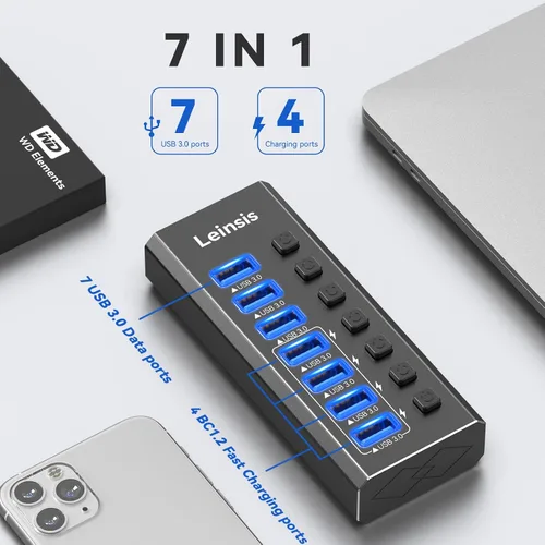 Vista 7 de Hub USB 3.0 alimentado, Leinsis 7 puertos USB 3.0 Hub [aluminio duradero] 7 puertos de transferencia de datos + 4 puertos de carga inteligentes