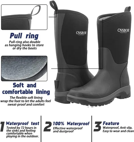 Vista 2 de CNSBOR Botas impermeables de goma aisladas para hombre, botas de lluvia de neopreno para exteriores Negro